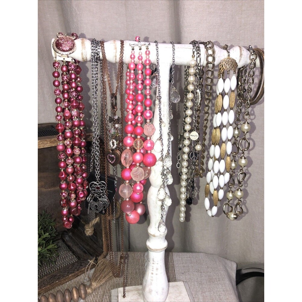 Vtg-now Pink Jewelry Lot Long Statement Necklace dangle Charm Glass Bead Pendant